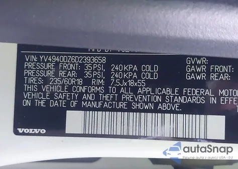 2013 Volvo Xc60 3.2 Premier z USA, uszkodzony, nr VIN YV4940DZ6D2393658